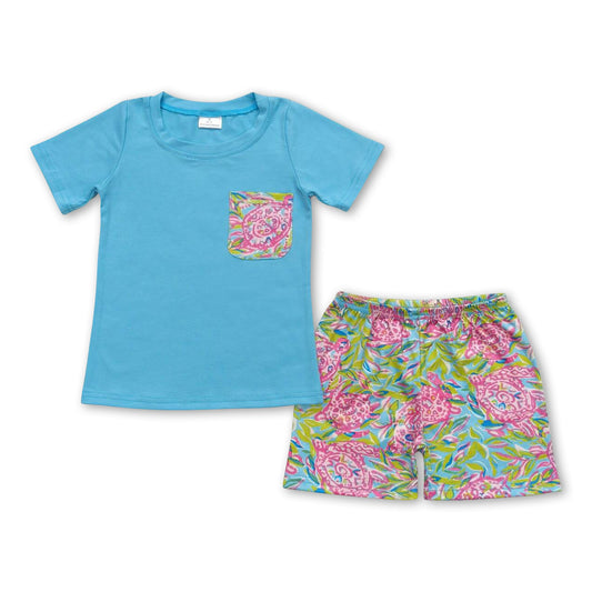 Blue pocket watercolor turtle shorts boys summer outfits