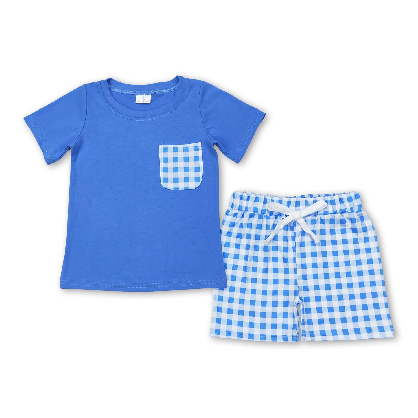 Short sleeves blue plaid pocket top shorts boys clothing