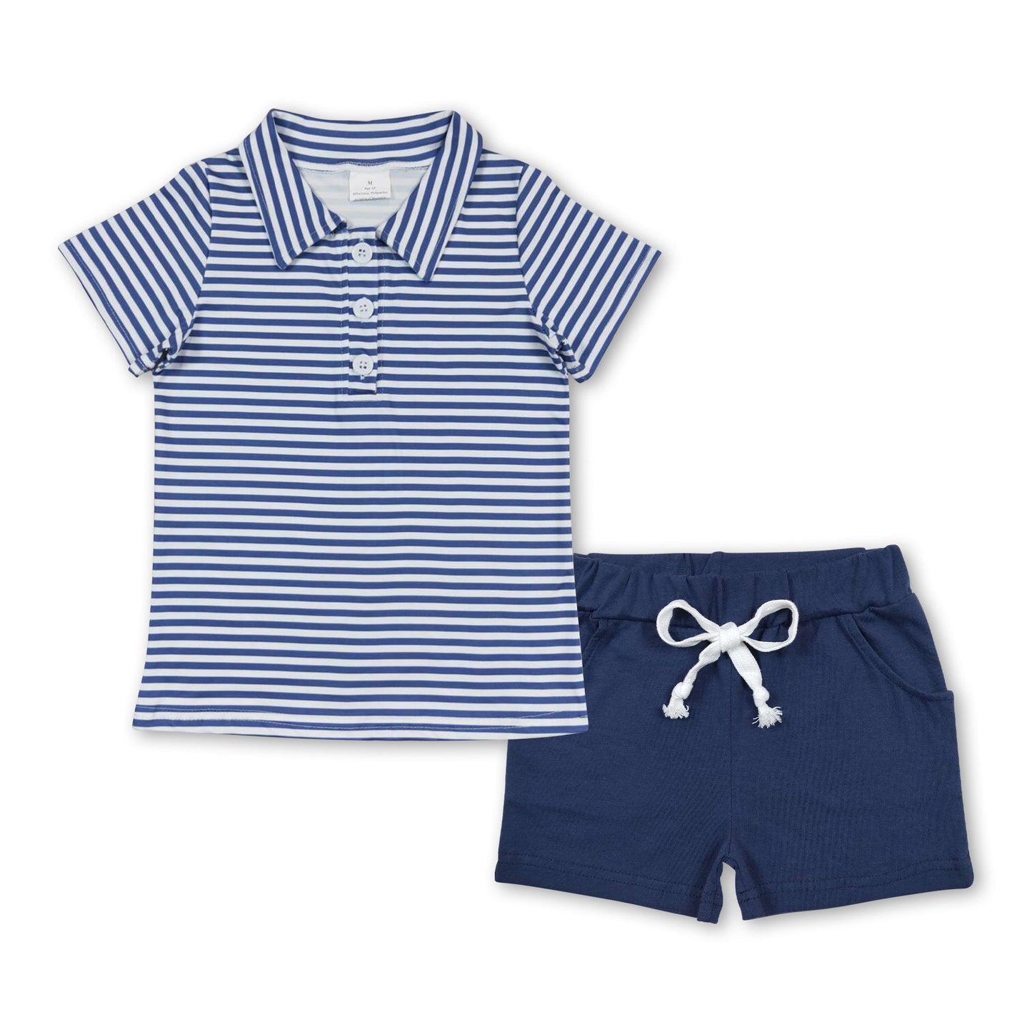 Navy stripe polo shirt cotton shorts boys clothing set