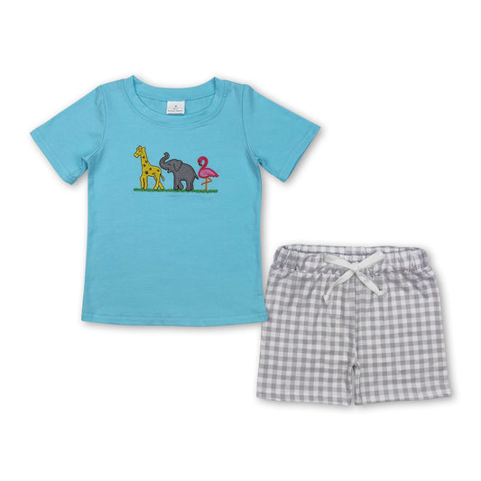 Giraffe elephant flamingo top plaid shorts boys clothing