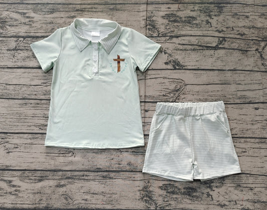 Short sleeves cross polo shirt stripe shorts boys Easter set