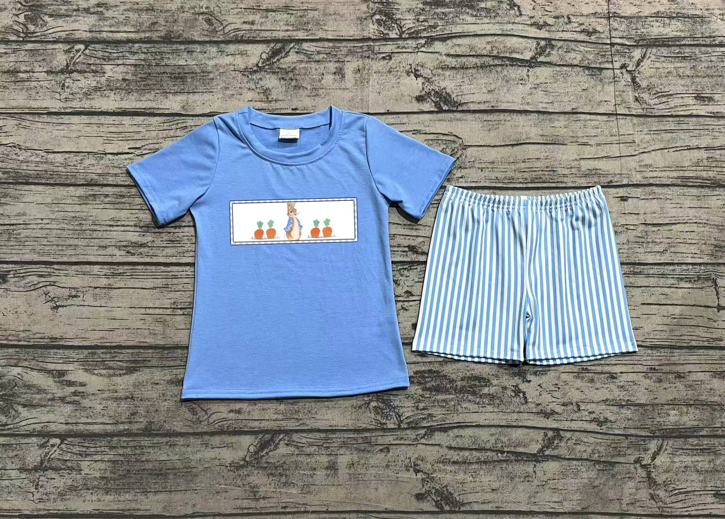 Light blue rabbit carrot top stripe shorts boys Easter set