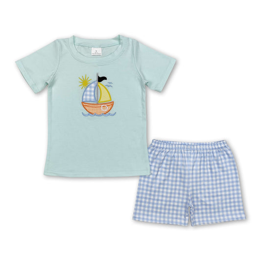 Short sleeves boat top light blue plaid shorts boys clothing