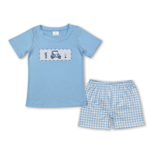 Light blue golf top plaid shorts kids boys clothing