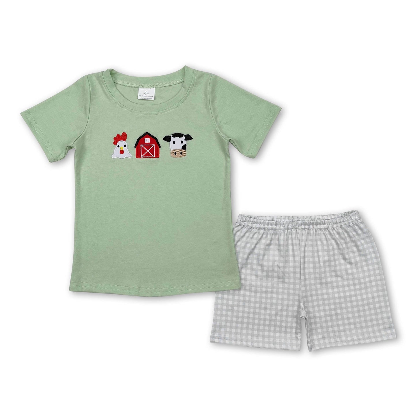 Short sleeves chicken cow top plaid shorts farm boy clothes