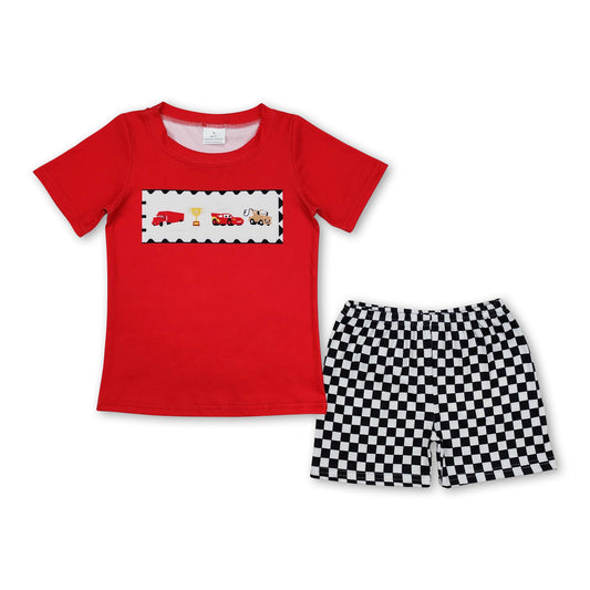 Red cars top black plaid shorts boys clothes