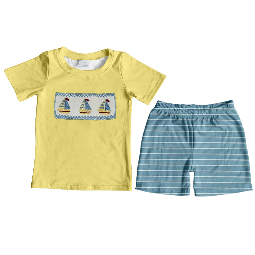 Yellow short sleeves boat top stripe shorts boys clothes