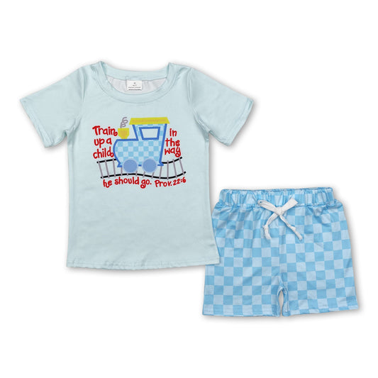 Short sleeves train shirt plaid shorts boys summer clothes