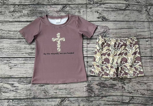 Short sleeves camo cross top shorts kids boys Easter clothes