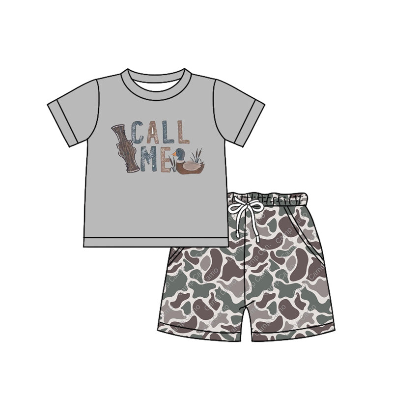 Grey duck call me top camo shorts boys clothing set