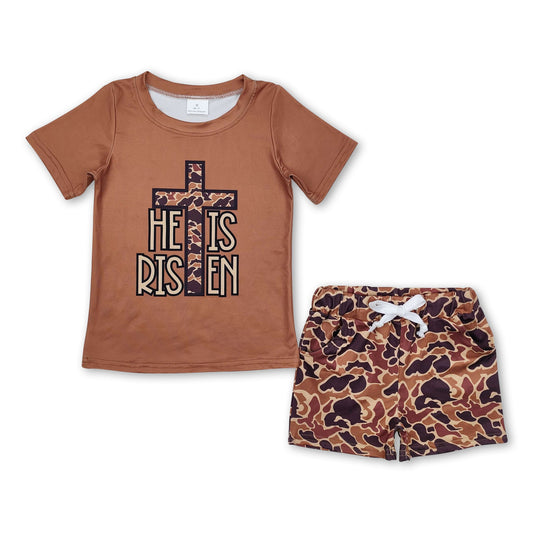 He is risen camo cross top shorts boys Easter clothing