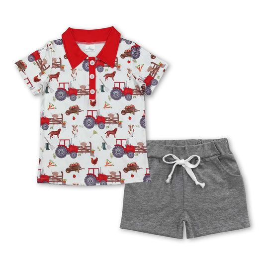 Red cow chicken polo shirt shorts boys farm outfits