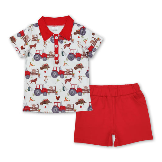 Red cow chicken polo shirt shorts kids boys farm outfits