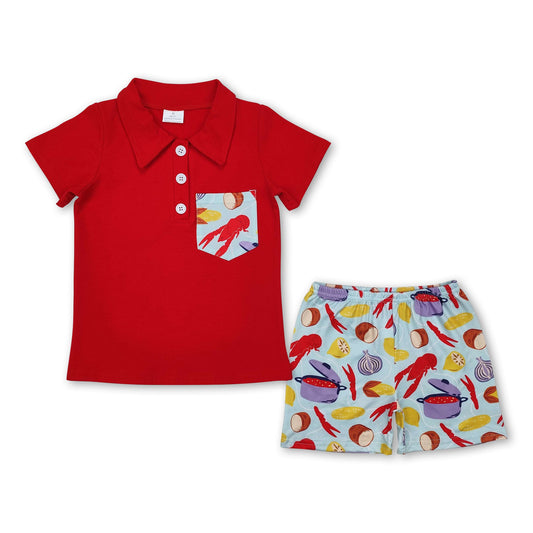 Red short sleeves pocket top crawfish shorts boys clothes