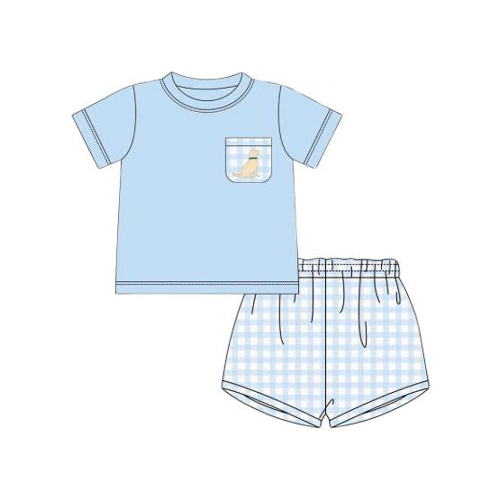 Short sleeves light blue dog pocket top plaid shorts boys clothes