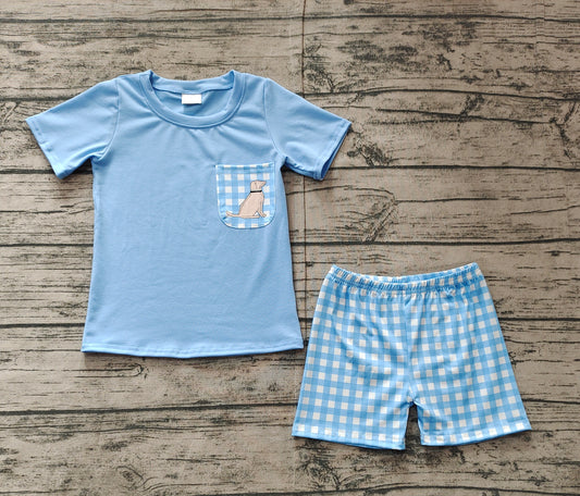 Short sleeves light blue dog pocket top plaid shorts boys clothes