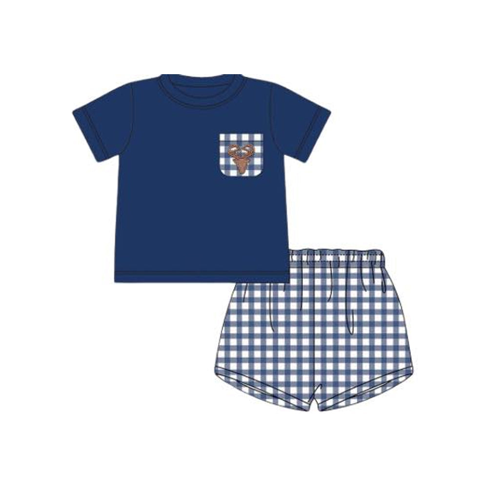 Short sleeves navy deer pocket top plaid shorts boys clothes
