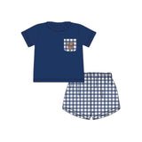 Short sleeves navy deer pocket top plaid shorts boys clothes