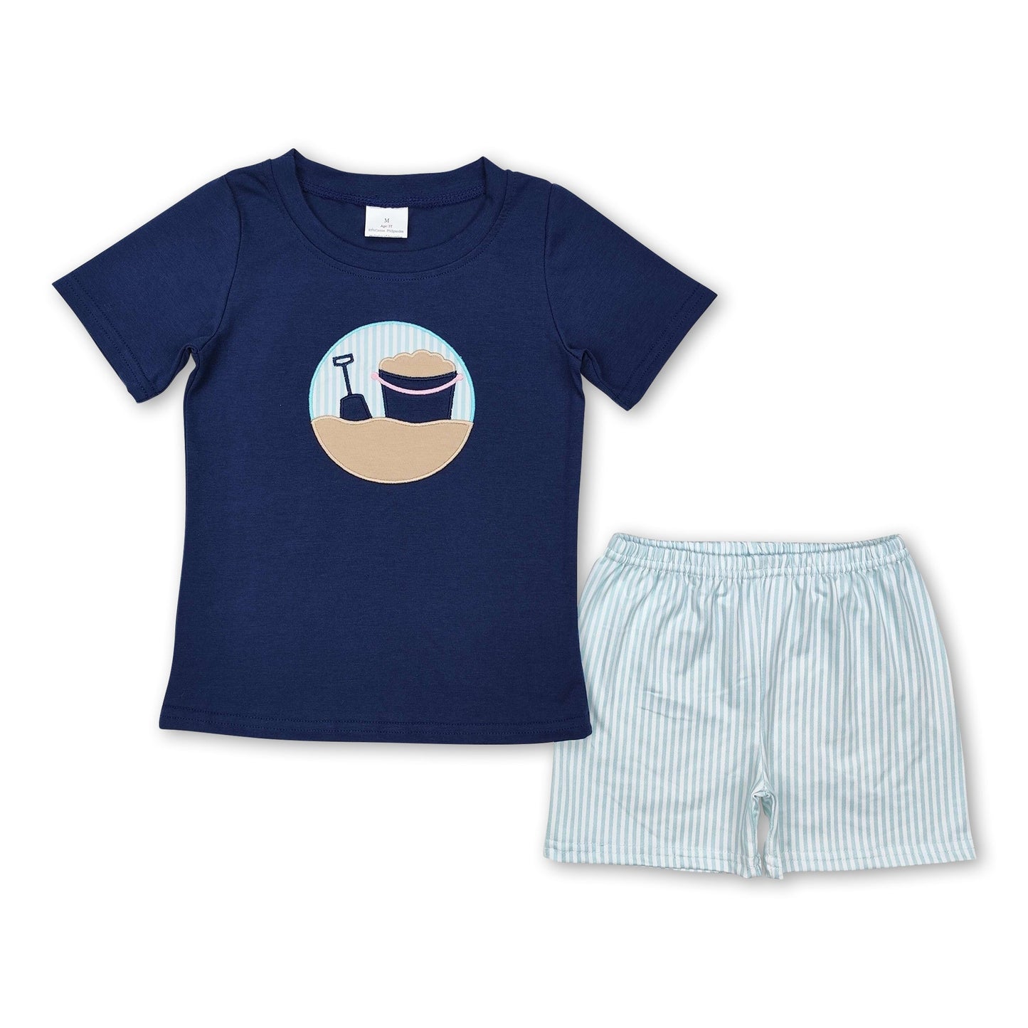 Short sleeves navy sand top stripe shorts boys clothes