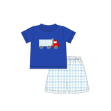 Blue short sleeves truck top plaid shorts kids boys clothes