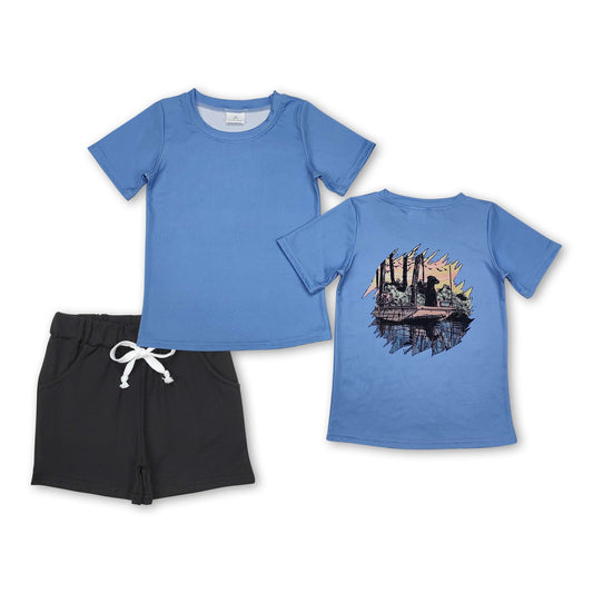 Short sleeves blue dog top black shorts boys clothes