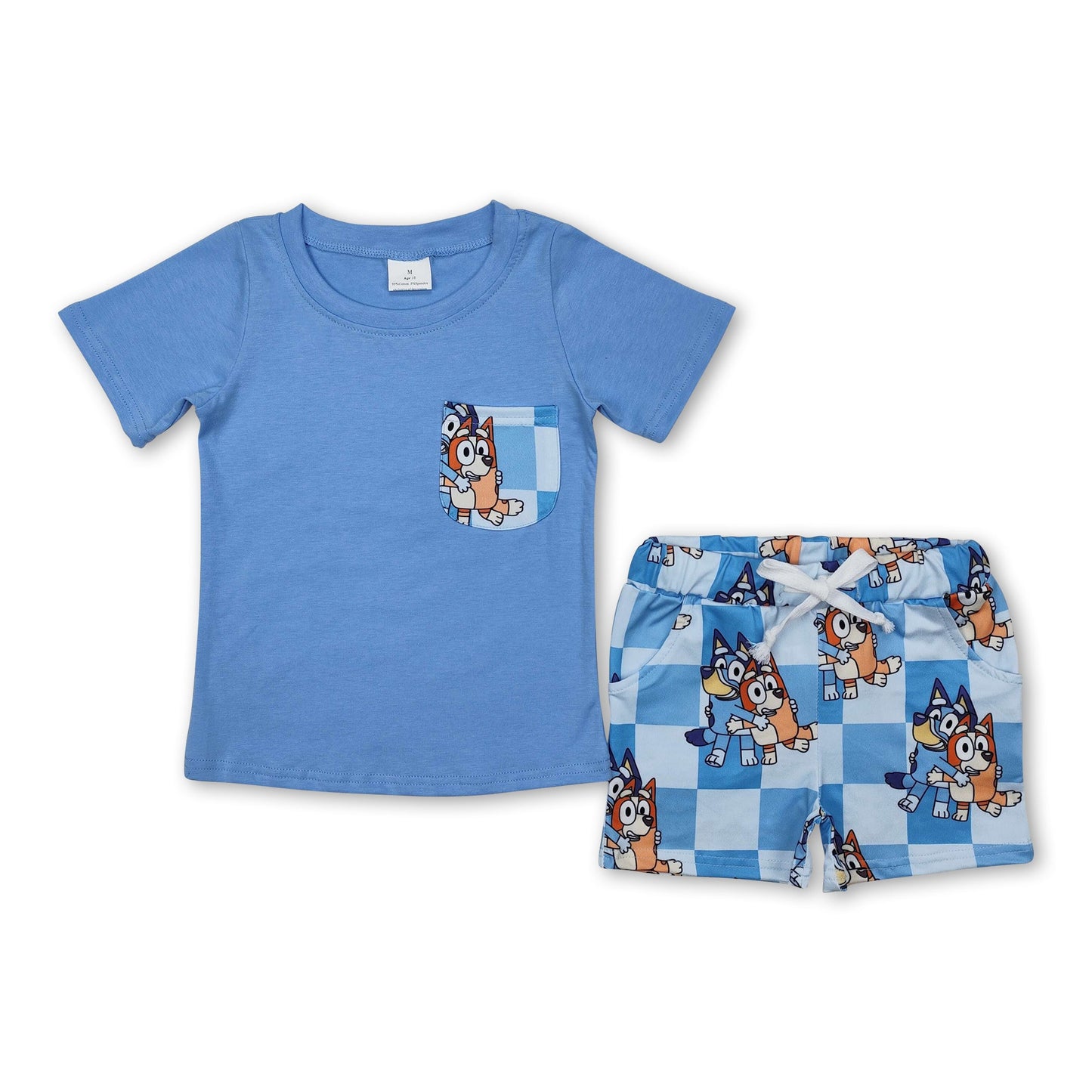 Light blue dog pocket polo shirt shorts boys summer clothes