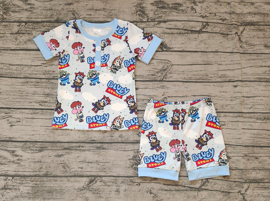 Short sleeves blue dog story kids boys summer pajamas