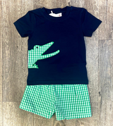 Navy dinosaur top green plaid shorts kids boys clothes