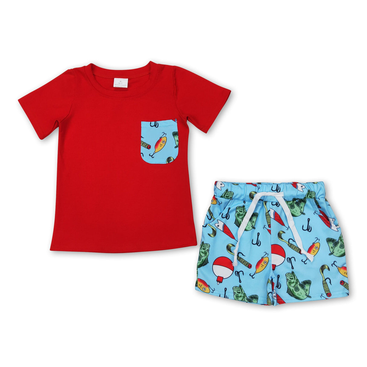 Red short sleeves pocket top fishing shorts boys clothes