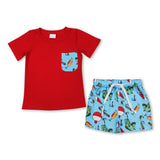 Red short sleeves pocket top fishing shorts boys clothes