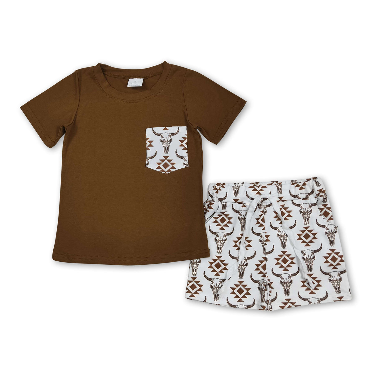 Brown Pocket Top Aztec Bull Skull Shorts Western Boys Clothes Yawoo