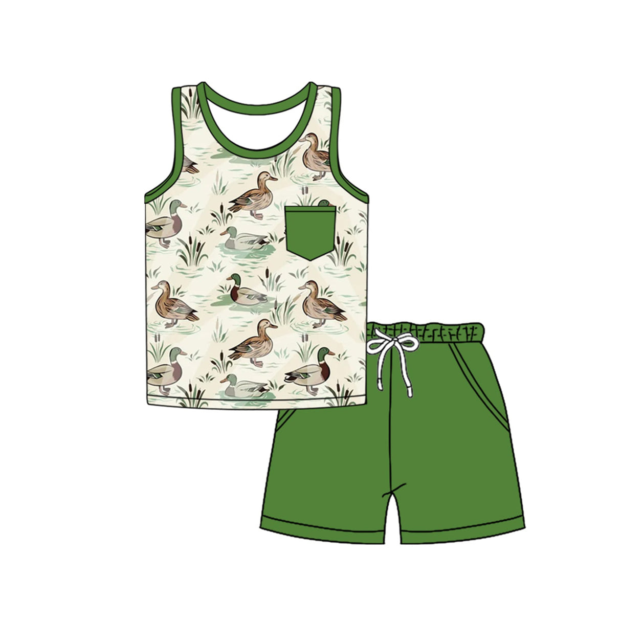 Sleeveless duck pocket top green shorts boys clothes