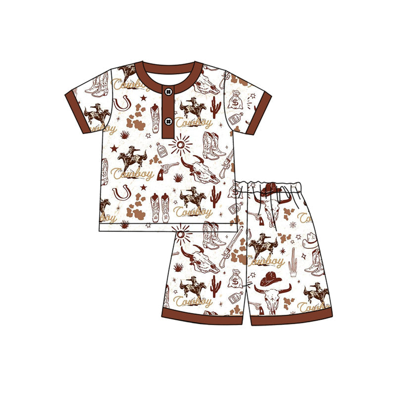 Brown short sleeves cactus rodeo cowboy kids pajamas