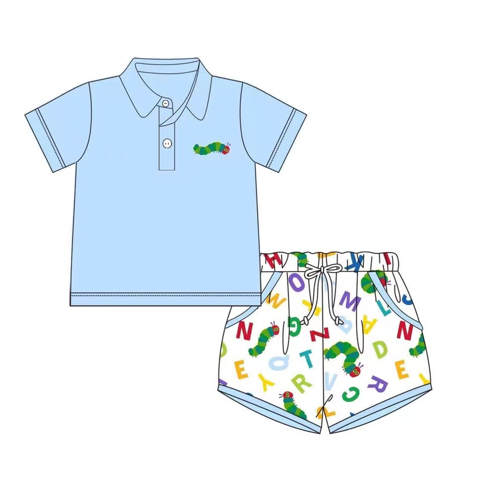 Light blue polo top letter worm shorts boys back to school outfits
