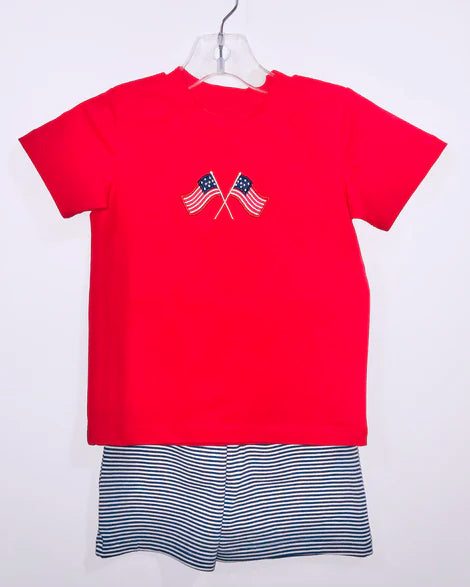 Red short sleeves flag top stripe shorts boys 4th of july clothes