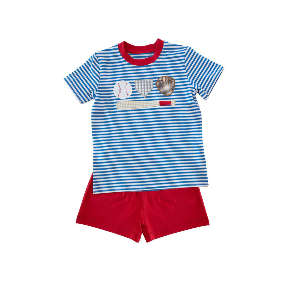 Blue stripe baseball top red shorts boys clothing