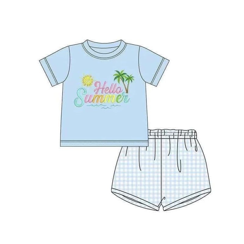 Hello summer sunshine top plaid shorts boys clothes