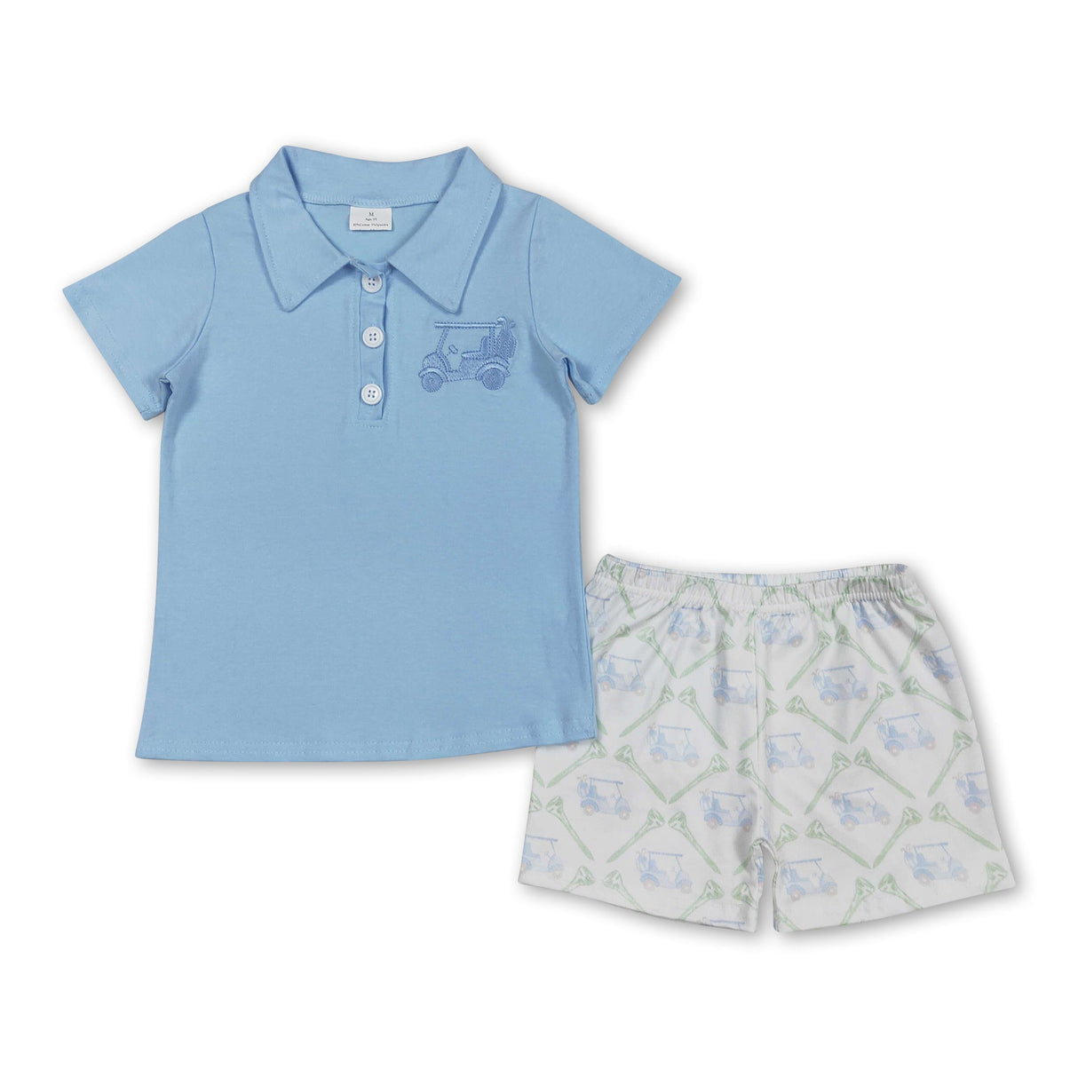 Light blue golf polo top shorts kids boys clothing set