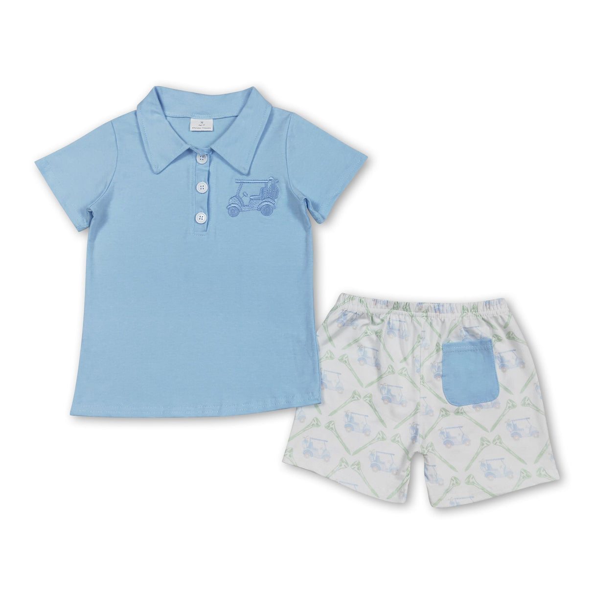 Light blue golf polo top shorts kids boys clothing set