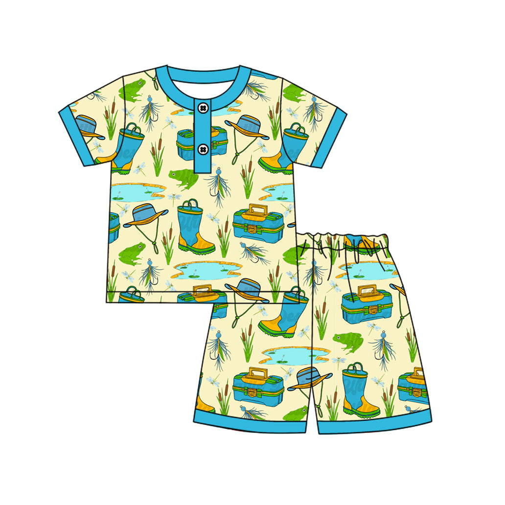 Blue short sleeves fishing top shorts boys pajamas