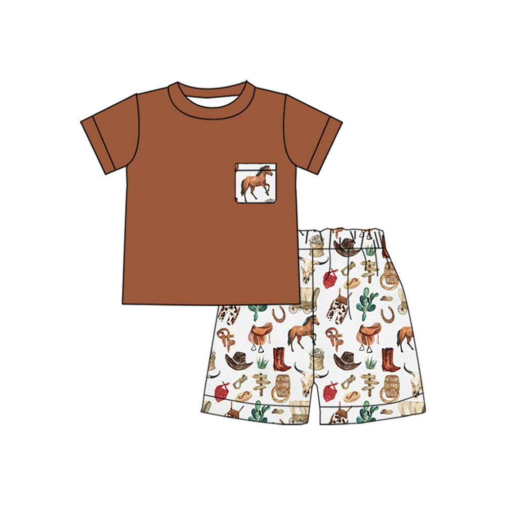 Brown pocket top horse shorts western boys clothes