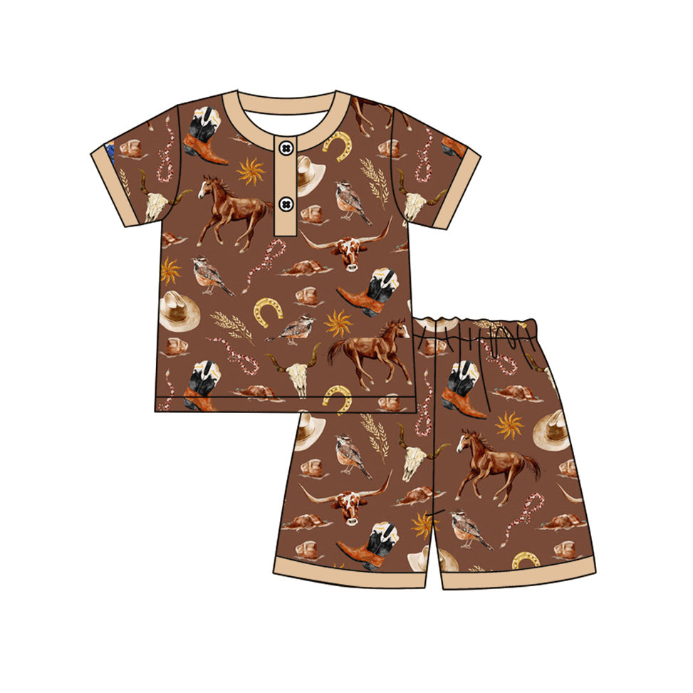 Short sleeves horse top shorts western boys pajamas