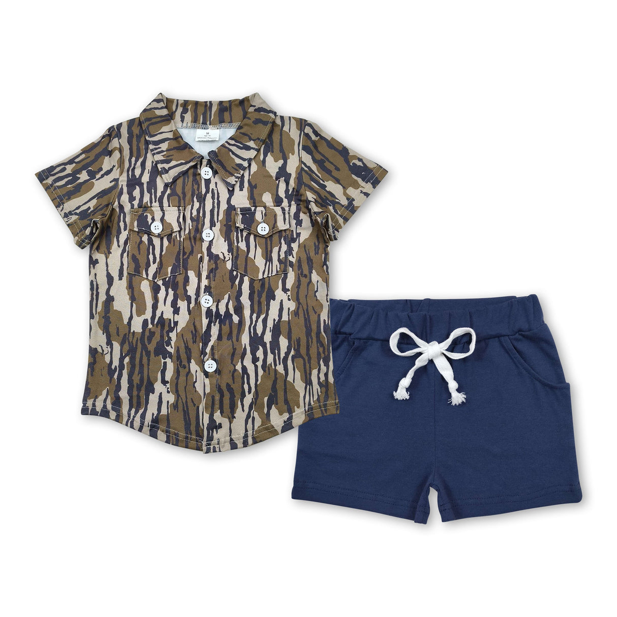 Bottomland camo button down top navy shorts boys set