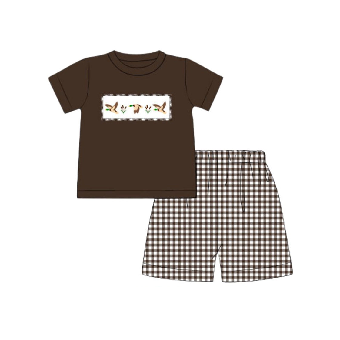 Short sleeves brown duck top plaid shorts boys clothes