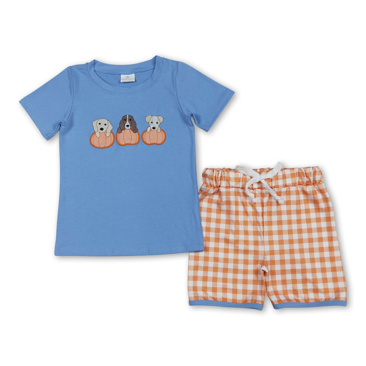 Short sleeves pumpkin dog top plaid shorts boys fall clothes