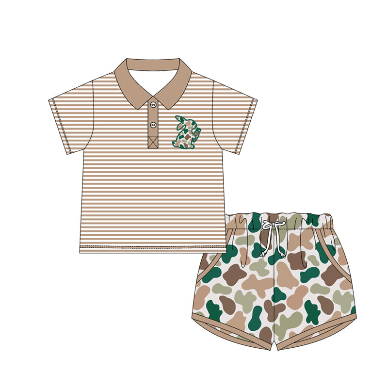Khaki stripe camo rabbit polo top shorts boys Easter clothes