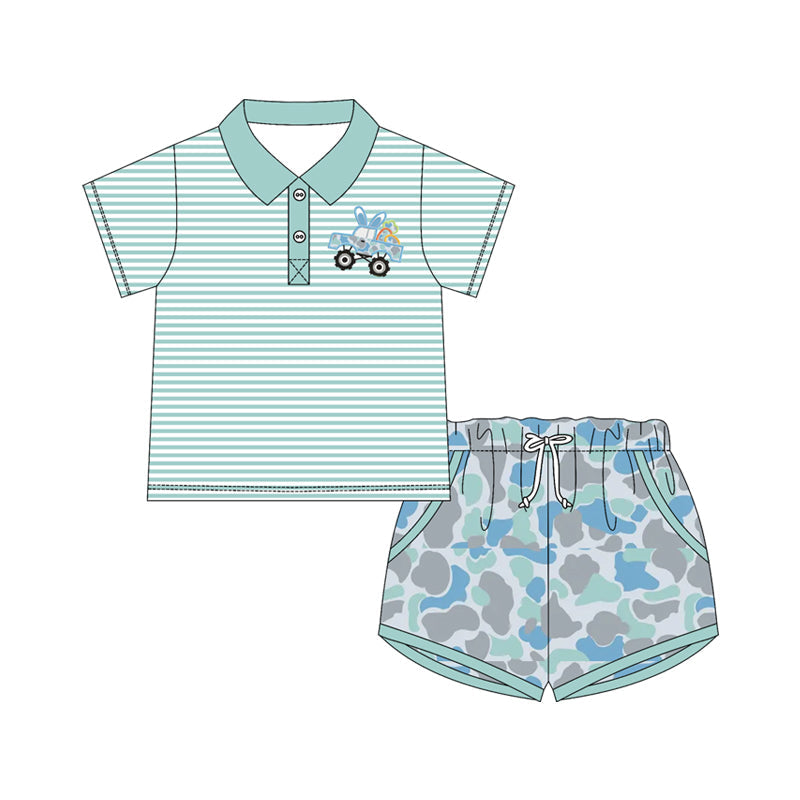 Stripe camo rabbit truck polo top shorts boys Easter clothes