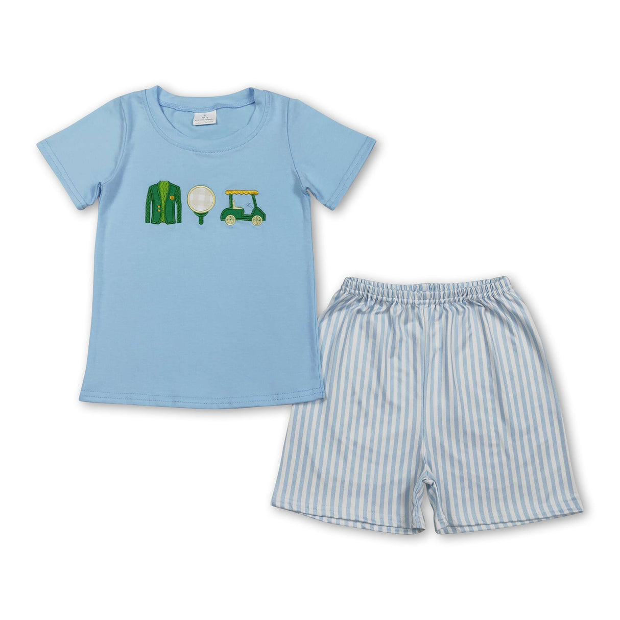 Light blue short sleeves golf cart top stripe shorts boys outfits