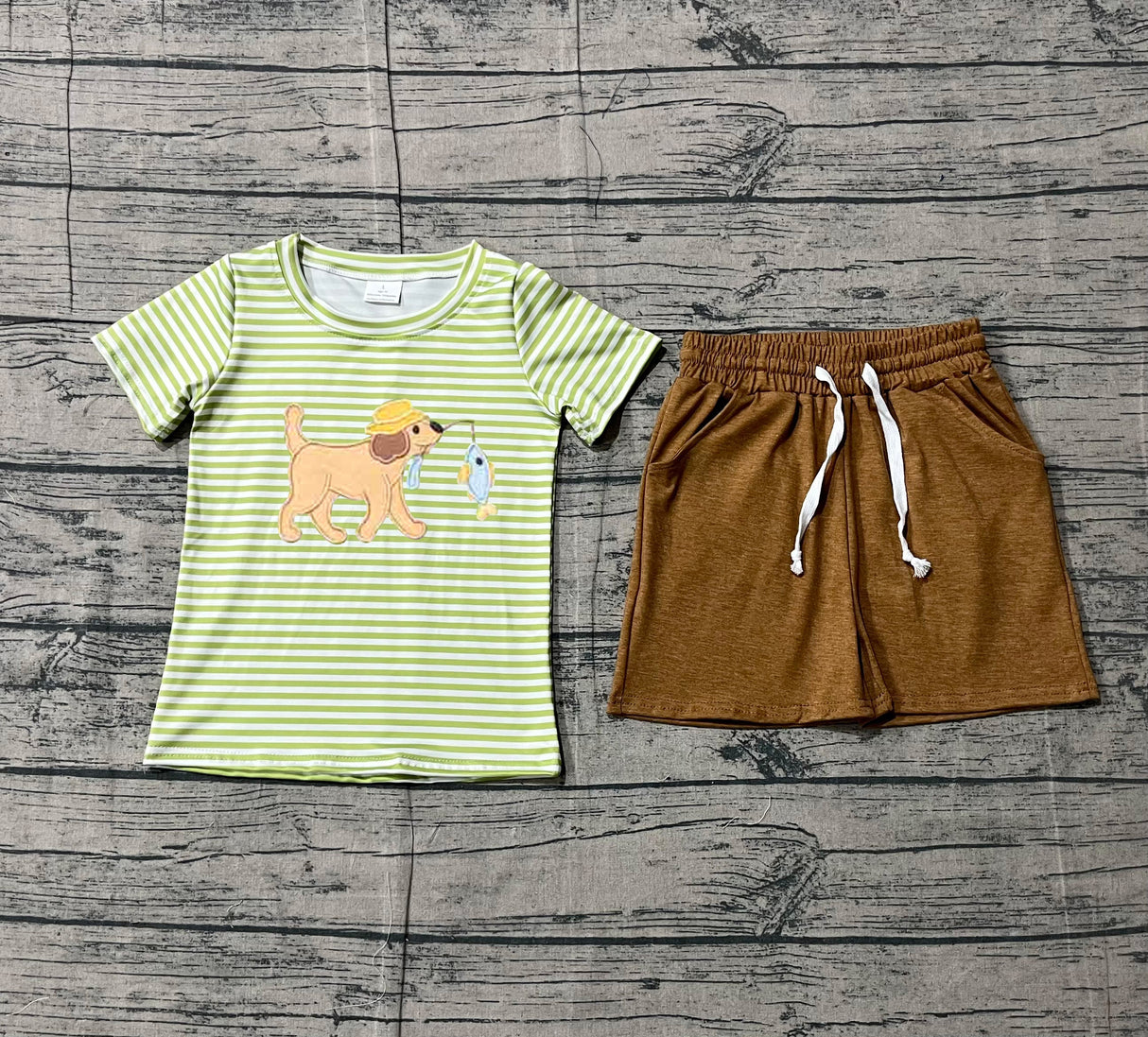 Stripe dog fishing embroidery top shorts kids boys outfits