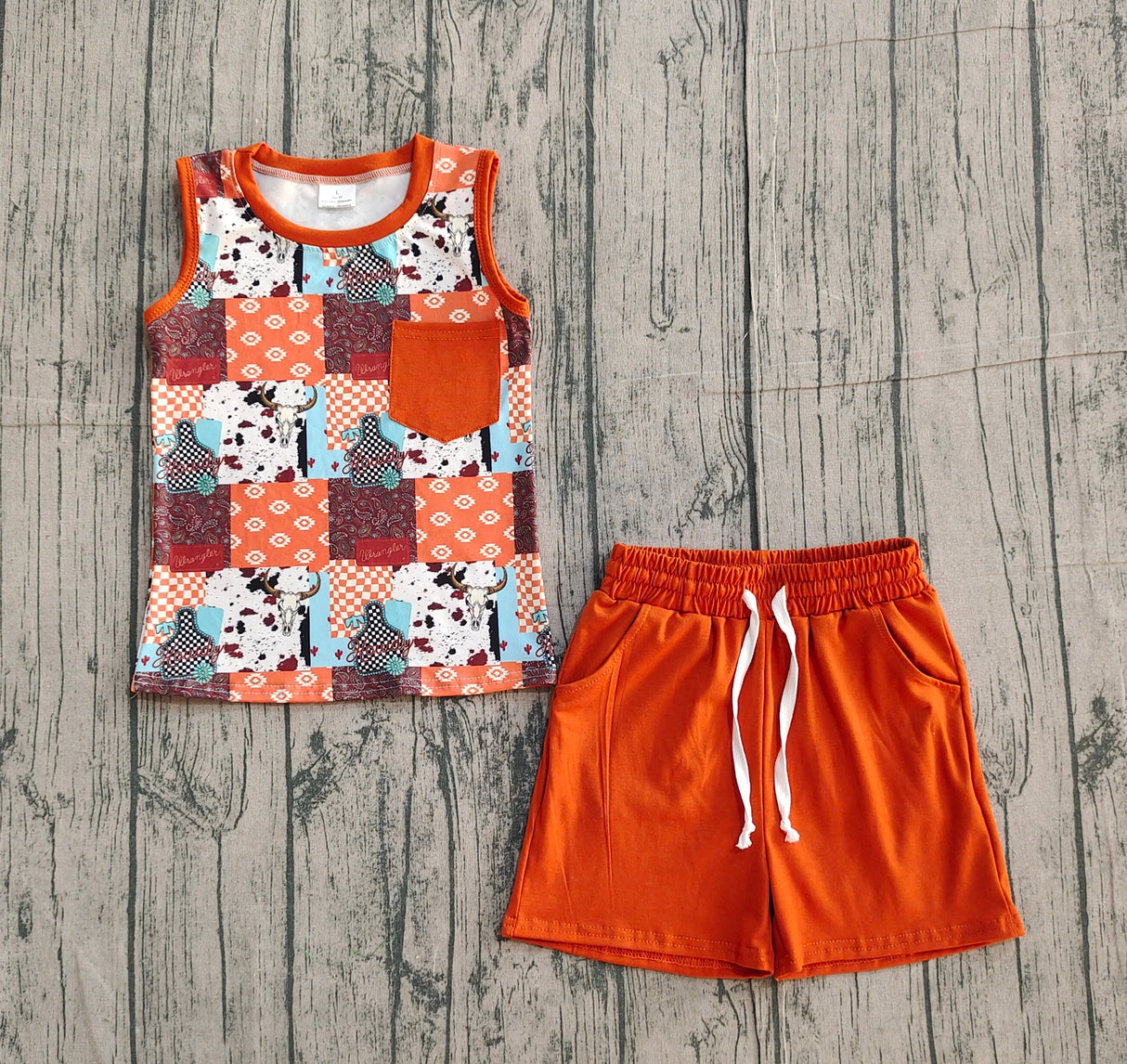 Sleeveless bull skull top shorts western boys outfits